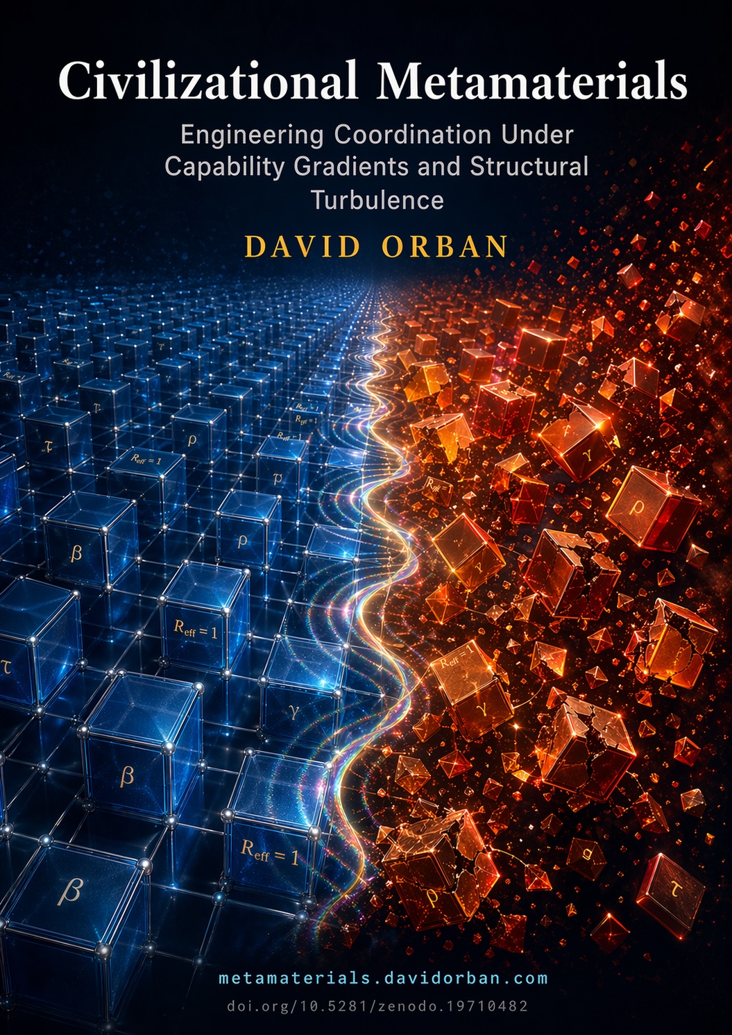 Civilizational Metamaterials paper cover: an orderly blue lattice absorbing shocks beside turbulent orange fragments flying apart