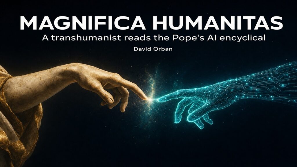 A marble human hand and a cyan circuitry hand reaching toward each other, a spark between them — cover for David Orban's response to Magnifica Humanitas