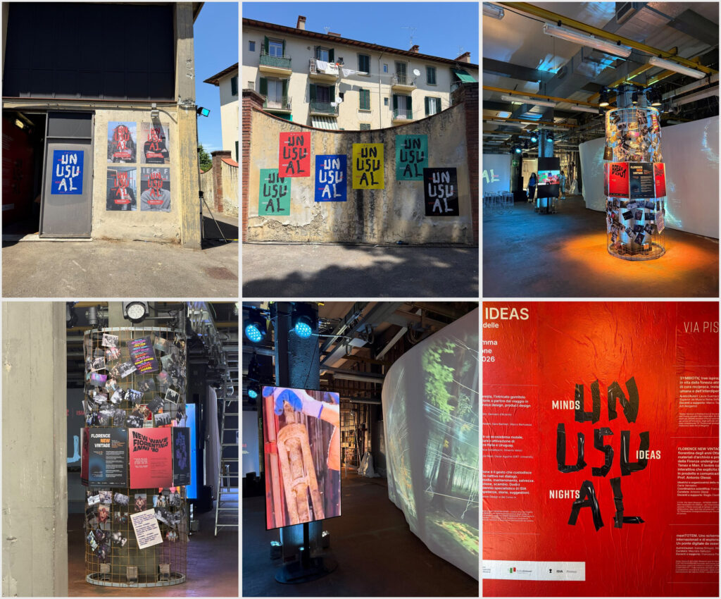 Montage of six images from ISIA Firenze's UNUSUAL event: the UNUSUAL posters and student installations